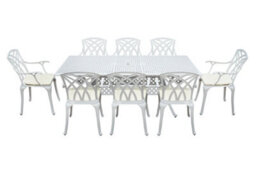 Sh&g Chirk 8 Seat Dining Table Set - 9 Piece Extendable Table & Chairs - White Aluminium With Cream Cushions - Indoor & Outdoor - thumbnail 1