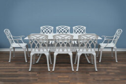Sh&g Chirk 8 Seat Dining Table Set - 9 Piece Extendable Table & Chairs - White Aluminium With Cream Cushions - Indoor & Outdoor - thumbnail 7