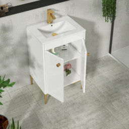Royal Bathrooms Verona 500mm Gloss White Floor Standing Bathroom Vanity Unit 2 Door With Mid-Edge Basin & Brushed Brass Knob - thumbnail 5