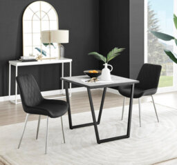 Furniturebox Uk Carson White Marble Effect Square Dining Table & 2 Black Pesaro Silver Chairs - thumbnail 1