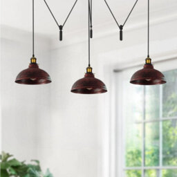 Rustic Red Pulley Pendant 3 Light Dome Lampshade Height Adjustable Cord E27 Base 110-240V Ceiling Pendant Light For Bedroom - thumbnail 2