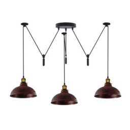 Rustic Red Pulley Pendant 3 Light Dome Lampshade Height Adjustable Cord E27 Base 110-240V Ceiling Pendant Light For Bedroom