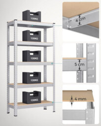 Songmics Storage Shelving, 5-Tier Steel Rack, Storage Organiser, Boltless Setup, Perfect For Garage Or Shed, Silver - thumbnail 4