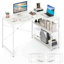 Gainoom L-Shaped White Computer Desk Reversible Corner Desk With Adjustable Shelf - thumbnail 1