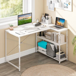 Gainoom L-Shaped White Computer Desk Reversible Corner Desk With Adjustable Shelf - thumbnail 3