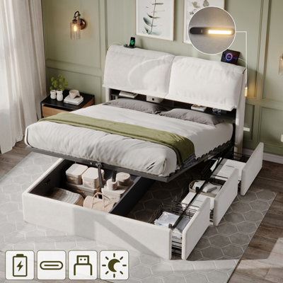 Abrihome Cream White Velvet 5Ft King Bed With Hydraulic Storage, Flip-Top Headboard, Led Light & Usb Charging - image 1