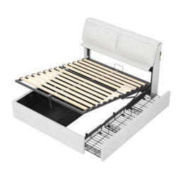 Abrihome Cream White Velvet 5Ft King Bed With Hydraulic Storage, Flip-Top Headboard, Led Light & Usb Charging - thumbnail 7
