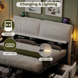 Abrihome Cream White Velvet 5Ft King Bed With Hydraulic Storage, Flip-Top Headboard, Led Light & Usb Charging - thumbnail 4