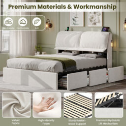 Abrihome Cream White Velvet 5Ft King Bed With Hydraulic Storage, Flip-Top Headboard, Led Light & Usb Charging - thumbnail 3