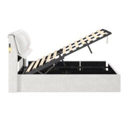 Abrihome Cream White Velvet 5Ft King Bed With Hydraulic Storage, Flip-Top Headboard, Led Light & Usb Charging - thumbnail 6