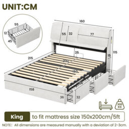Abrihome Cream White Velvet 5Ft King Bed With Hydraulic Storage, Flip-Top Headboard, Led Light & Usb Charging - thumbnail 5