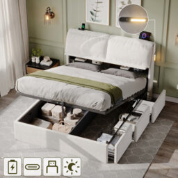 Abrihome Cream White Velvet 5Ft King Bed With Hydraulic Storage, Flip-Top Headboard, Led Light & Usb Charging
