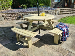Churnet Valley Garden Furniture Ltd Westwood Round Picnic Table, Traditional Wooden Garden Furniture - L200 X W200 X H77 Cm - Minimal Assembly Required - thumbnail 1