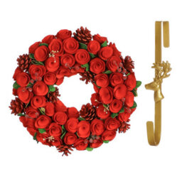 Dibor 35Cm Red Crimson Rose Front Door Christmas Wreath With Deer Wreath Hanger - thumbnail 1