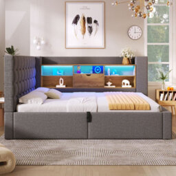 Merax 4Ft6 Double Daybed 135X190 Cm, Upholstered Linen Sofa Bed With Led, Usb & Type-C Charging, Hydraulic Storage, Grey - thumbnail 2