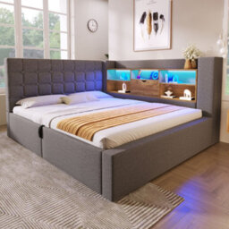 Merax 4Ft6 Double Daybed 135X190 Cm, Upholstered Linen Sofa Bed With Led, Usb & Type-C Charging, Hydraulic Storage, Grey - thumbnail 3