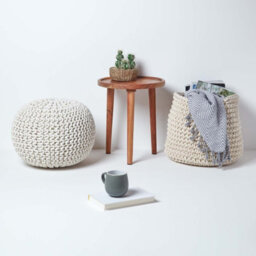Homescapes Natural Round Cotton Knitted Pouffe Footstool - thumbnail 6
