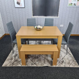 Kosy Koala Oak Effect Dining Table Set With 4 Grey Chairs And Bench Dining Room Furniture