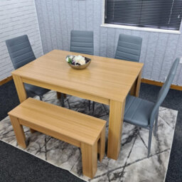 Kosy Koala Oak Effect Dining Table Set With 4 Grey Chairs And Bench Dining Room Furniture - thumbnail 2