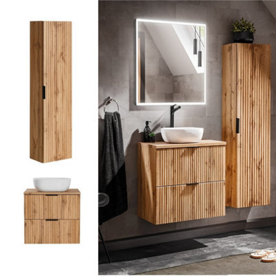 Impact Furniture Oak Bathroom Furniture Set Wall Hung Vanity 600mm Countertop Sink Tall Storage Unit Fluted Oak Effect Adel - image 1