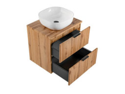 Impact Furniture Oak Bathroom Furniture Set Wall Hung Vanity 600mm Countertop Sink Tall Storage Unit Fluted Oak Effect Adel - thumbnail 3