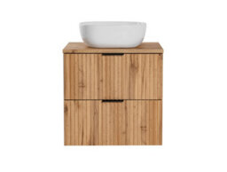 Impact Furniture Oak Bathroom Furniture Set Wall Hung Vanity 600mm Countertop Sink Tall Storage Unit Fluted Oak Effect Adel - thumbnail 2