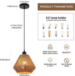 Ceiling Light Shade Woven Pendant Lamp Boho Rattan E27 Black - thumbnail 3