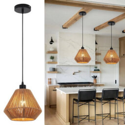 Ceiling Light Shade Woven Pendant Lamp Boho Rattan E27 Black - thumbnail 1