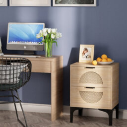 Huhote Stylish Set Of 2 Boho Bedside Tables With Rattan Drawers And Storage - thumbnail 8