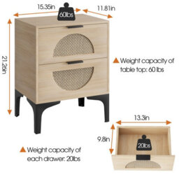 Huhote Stylish Set Of 2 Boho Bedside Tables With Rattan Drawers And Storage - thumbnail 3