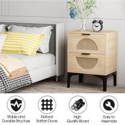 Huhote Stylish Set Of 2 Boho Bedside Tables With Rattan Drawers And Storage - thumbnail 7