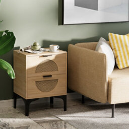 Huhote Stylish Set Of 2 Boho Bedside Tables With Rattan Drawers And Storage - thumbnail 4