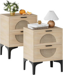 Huhote Stylish Set Of 2 Boho Bedside Tables With Rattan Drawers And Storage - thumbnail 1