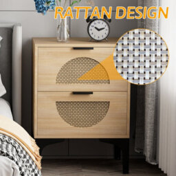 Huhote Stylish Set Of 2 Boho Bedside Tables With Rattan Drawers And Storage - thumbnail 6