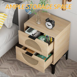 Huhote Stylish Set Of 2 Boho Bedside Tables With Rattan Drawers And Storage - thumbnail 5