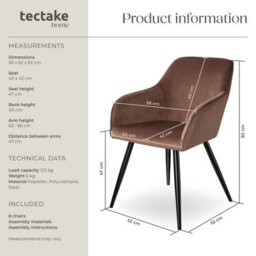 Tectake Set Of 8 Dining Chair Marilyn - With Armrests, Padded, Velvet Look, Black Steel Legs  - Brown/black - thumbnail 6