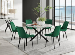 Furniturebox Uk Novara White Marble Black Leg 120Cm Round Dining Table & 6 Green Pesaro Black Leg Chairs
