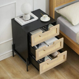Rattan Nightstand Bedside Table With 3 Drawer Metal Leg End Table For Bedroom - thumbnail 5
