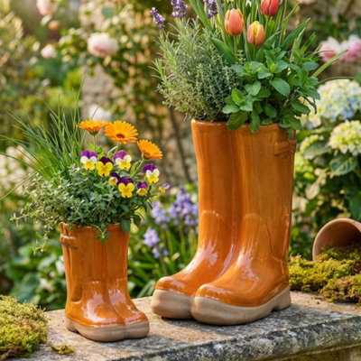 Dibor Set Of 2 Small And Large Orange Wellington Boots Ceramic Indoor Outdoor Flower Pot Garden Planter - image 1