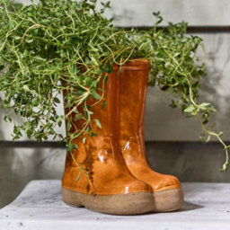 Dibor Set Of 2 Small And Large Orange  Wellington Boots Ceramic Indoor Outdoor Flower Pot Garden Planter - thumbnail 3