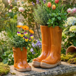 Dibor Set Of 2 Small And Large Orange  Wellington Boots Ceramic Indoor Outdoor Flower Pot Garden Planter