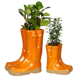 Dibor Set Of 2 Small And Large Orange  Wellington Boots Ceramic Indoor Outdoor Flower Pot Garden Planter - thumbnail 2
