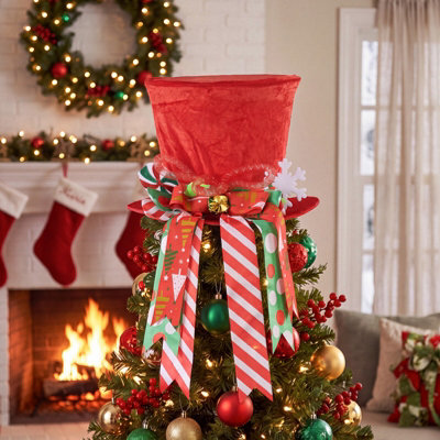 Living And Home Red Santa Hat Christmas Tree Topper Bow Snowflake Ribbon Xmas Tree Top Home Decorations - image 1
