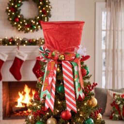 Living And Home Red Santa Hat Christmas Tree Topper Bow Snowflake Ribbon Xmas Tree Top Home Decorations - thumbnail 1