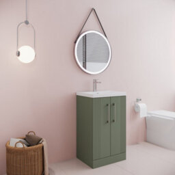 Balterley Belvide Partial Fluted 2 Door Floor Standing Vanity Unit With Mid-Edge 1 Tap Hole Ceramic Basin - 500mm - Satin Green - thumbnail 4