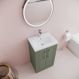 Balterley Belvide Partial Fluted 2 Door Floor Standing Vanity Unit With Mid-Edge 1 Tap Hole Ceramic Basin - 500mm - Satin Green - thumbnail 3