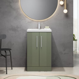 Balterley Belvide Partial Fluted 2 Door Floor Standing Vanity Unit With Mid-Edge 1 Tap Hole Ceramic Basin - 500mm - Satin Green - thumbnail 2