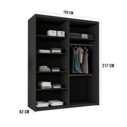 M N Furniture Ltd Wardrobe With Led Light Modern Sliding Wardrobe With Oak Striped Door-Mirrored Bedroom Cabinet 150Cm, 203Cm (Black,150Cm) - thumbnail 2