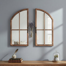 Deenz Arched Top Window Wall Hanging Mirror Rustic Farmhouse Style Double Door Hallway Furniture Black Brushed Gold Frame 72X65 Cm - thumbnail 4