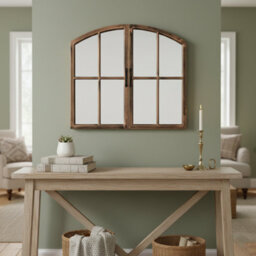 Deenz Arched Top Window Wall Hanging Mirror Rustic Farmhouse Style Double Door Hallway Furniture Black Brushed Gold Frame 72X65 Cm